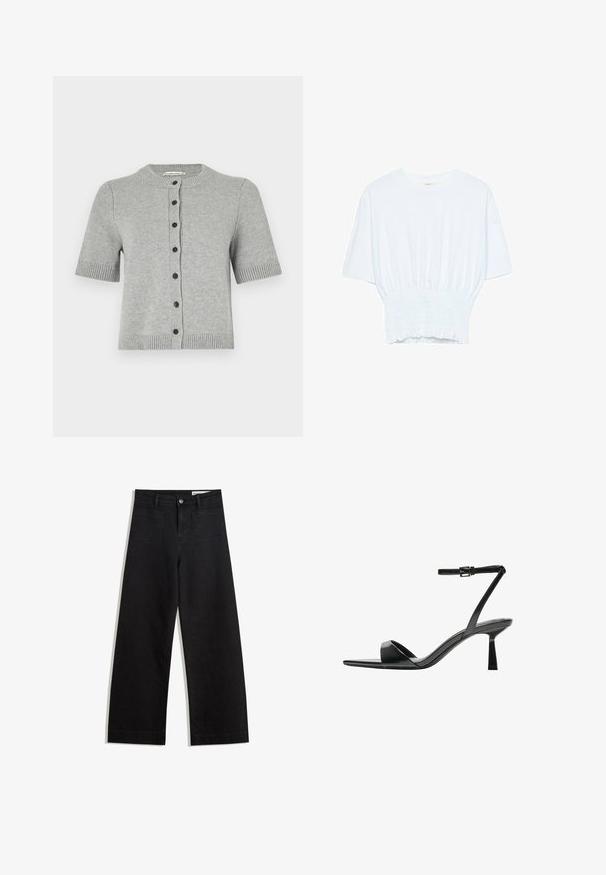 Hellgraue, kurzärmlige Strickjacke aus einem gestrickten Stoff mit rundem Ausschnitt, fünf dunklen Knöpfen entlang der Front und gerippten Abschlüssen.; Weißes T-Shirt mit kurzen Ärmeln, lockerer Passform und gerafftem Stoff an der Taille. Aus weichem, leichtem Material gefertigt.; Schwarze weit geschnittene Jeans mit hoher Taille, ausgestattet mit Vorder- und Hintertaschen, gesteppten Nähten und einem Knopfverschluss. Glatte Textur.; Bershka High Heel Sandalette - black