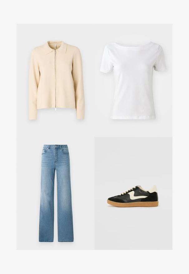 Beige ritscardigan met een kraag, lange mouwen en een gladde gebreide textuur. Voorzien van een zilveren rits aan de voorkant.; Witte korteblouse t-shirt van katoen met een bootnek en een gladde textuur. Eenvoudig en onopvallend ontwerp.; Lichtblauwe high-waisted jeans met een rechte pasvorm. Gemaakt van denim, met vijf zakken en een knoopsluiting.; Zwarte suède en leren sneaker met een crèmekleurige zij-swoosh en lichte crèmekleurige hiel. Voorzien van beige veters en een gumrubberen zool.
