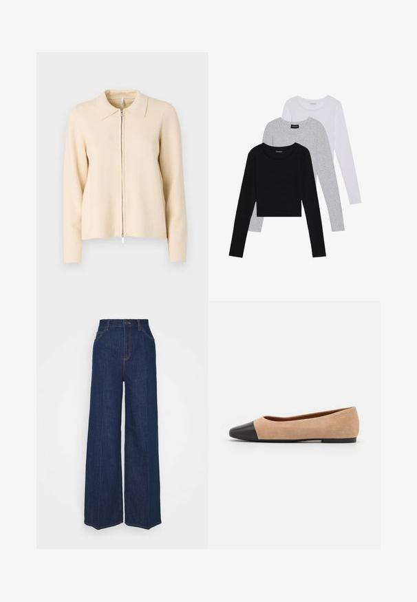 Beżowy kardigan na zamek z kołnierzykiem, długimi rękawami i gładką dzianiną. Posiada srebrny zamek z przodu.; Trzy bluzki z długim rękawem ułożone jedna na drugiej: czarna, szara i biała. Każda z okrągłym dekoltem i skróconym fasonem, wykonana z gładkiego, lekkiego materiału.; Jeansy z wysokim stanem, szerokimi nogawkami w ciemnoniebieskim kolorze, z kieszeniami z przodu i z tyłu, z zapięciem na guzik oraz widocznymi detalami w stieniu.; Beżowe zamszowe baleriny z czarnym skórzanym okrągłym noskiem, niskim obcasem i gładką teksturą, charakteryzujące się minimalnym przeszyciem i prostym designem.