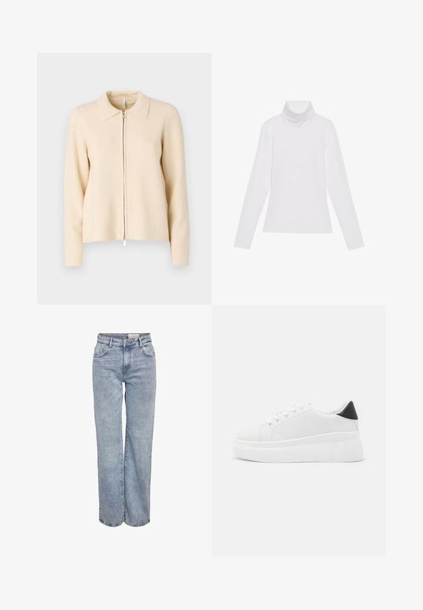 Cardigan beige con zip, colletto, maniche lunghe e una texture a maglia liscia. Presenta una zip argentata sul davanti.; Maglia a maniche lunghe bianca a collo alto realizzata in tessuto morbido ed elastico. Presenta un colletto alto e un design aderente, senza motivi o decorazioni visibili.; Jeans a gamba larga di colore azzurro chiaro realizzati in denim, con vita alta, design a cinque tasche e leggera scoloritura per un aspetto vissuto.; Sneakers platform bianchi realizzati in materiale sintetico liscio, con punta arrotondata, design con lacci e suola in gomma texture. Accento nero nel tallone.