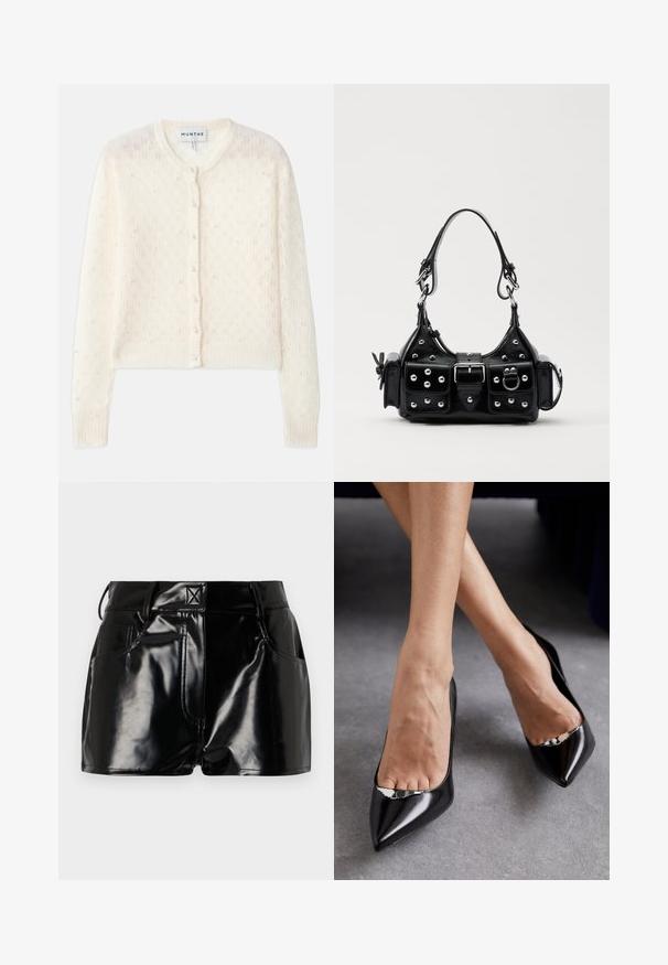 Krémový pletený kardigán s okrúhlym výstrihom, predným zapínaním na gombíky a s roztrúsenými umelými perlami na ozdobenie. Celý je zdobený textúrovaným čipkovaným vzorom.; Biely bavlnený tričko s čiernym grafickým textom, ktorý znie "VOLTAIRE" zakrivený nad "PARÍŽ." Krátke rukávy a okrúhly výstrih.; Čierne lesklé šortky vyrobené z syntetického materiálu. Majú priliehavý pás, pútka na opasok a predné vrecká s výraznými švovými detailmi.; Čierne kožené topánky na vysokom opätku s špicatou špičkou a otvoreným dizajnom, ktorý obsahuje dekoratívny strieborný akcent. Hladká textúra s lesklým povrchom.; Čierna kožená kabelka s zakriveným dizajnom, doplnená striebornými cvočkami, prackou a dvoma bočnými vreckami. Nastaviteľný popruh poskytuje rôzne možnosti nosenia.