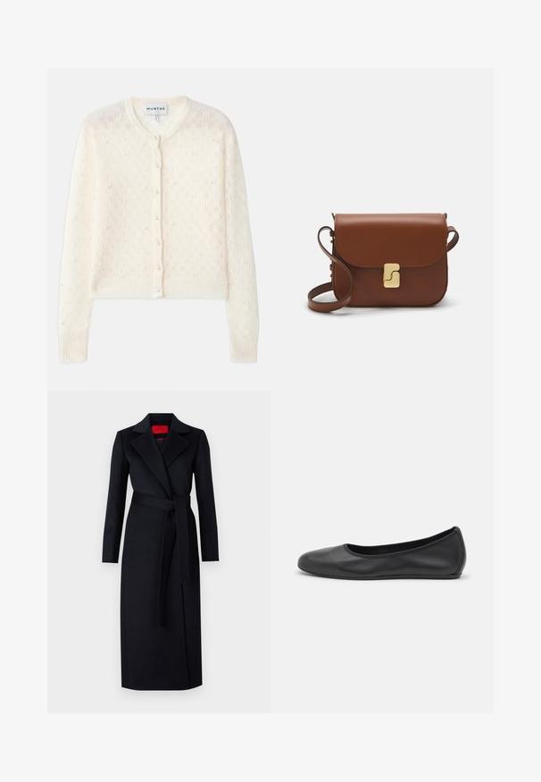 Ivory pletena jopica z okroglim izrezom, sprednjim zapiranjem na gumbe in razpršenimi umetnimi biseri za okras. Teksturiran čipkast vzorec po celotni površini.; Bela kratka majica s kratkimi rokavi iz rebrastega materiala. Okrogla ovratnica, običajen kroj in subtilni šivi. Brez vzorcev ali grafik.; Črn plašč s dolgimi rokavi, ovitkovim dizajnom in usklajenim pasom. Narejen iz gladkega blaga, ima žepke na straneh in ovratnik s zarezo.; Črne usnjene balerinke z zaobljenim nosom, gladko teksturo, minimalnimi šivi in fleksibilno zasnovo podplata.; Rjava usnjena torbica s poklopcem, zlato obarvani okovi, naramnica in gladka tekstura. Kompaktna pravokotna oblika.
