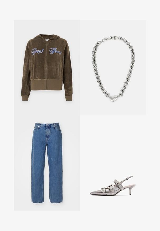 Barna velúr cipzáras kapucnis pulóver első zsebekkel, bordázott mandzsettával és szegéllyel, valamint a mellkason kék színű, hímzett "Joop! Jeans" felirattal.; Világos rózsaszín pamut póló kerek nyakkal, ezüst hímzett "Calvin Klein" logóval és diszkrét "CK" mintával a mellrészen.; Világoskék farmernadrág magas derékkal, egyenes szárú fazonnal, öt zsebbel és enyhén kopott textúrával. Rögzítő szegecs és gombzár.; Fémes ezüst szandál magassarkú, hegyes orral, három széles pánttal és négyzet alakú fém csatokkal. Fényes textúra és vékony sarkú.; Ezüst lánc nyaklánc, amely összekapcsolt kerek szemekből áll, a középen egy polírozott szív alakú díszítéssel. A zár biztosítva van.