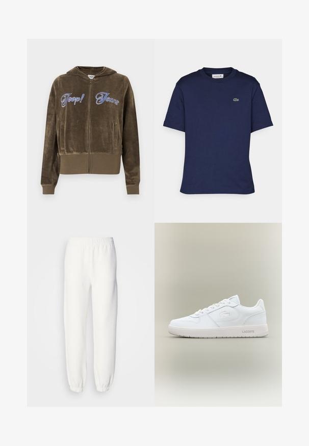 Barna velúr cipzáras kapucnis pulóver első zsebekkel, bordázott mandzsettával és szegéllyel, valamint a mellkason kék színű, hímzett "Joop! Jeans" felirattal.; Rövid ujjú, sötétkék pamut póló, kerek nyakkivágással, a bal mellen egy kis zöld Lacoste logóval.; Fehér melegítőnadrág puha, kötött anyagból. Rugalmas derékpánt és szegélyek lazán illeszkednek. Minimalista dizájn, látható minták vagy díszítések nélkül.; Fehér bőrszövetű sportcipő sima felülettel, kerek orral, fűzős kialakítással és egy diszkrét, dombornyomott logóval az oldalon. Gumi talppal rendelkezik.