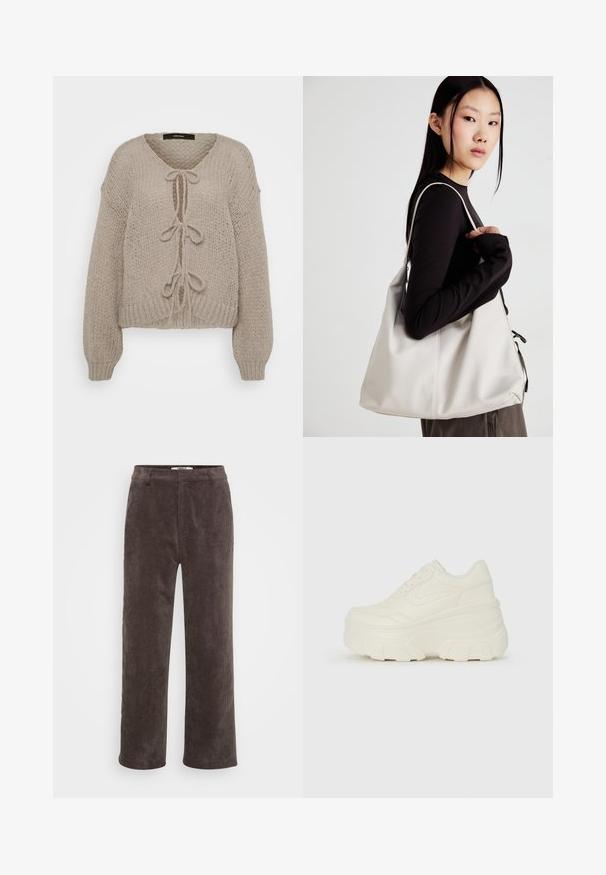 Beige kötött kardigán V-nyakkal, elöl megkötőkkel, hosszú ujjal és bordázott mandzsettákkal. Puha tapintás és kényelmes kivitel.; Fehér ujjatlan felső, kerek nyakkivágással. Simább anyagból készült, laza fazonnal és minimalista kialakítással rendelkezik. Nincsenek minták vagy díszítések.; Barna kordbársony, széles lábú nadrág, texturált felülettel, standard derékkal és két elülső zsebbel.; Fehér platform sportcipők, sima bőrszerű felsőrésszel, kerek formával, párnázott bokával és texturált gumitalppal, jól definiált mintázattal.; Puha anyagból készült bézs kézitáska, laza dizájnnal, varrott részletekkel és két vállpánttal. Mindennapi használatra alkalmas.