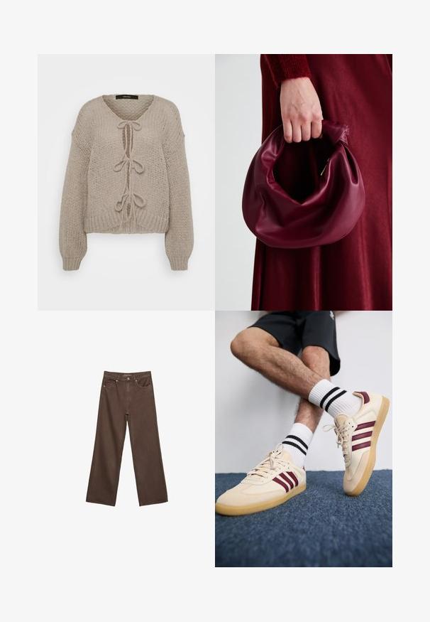 Beige stickad cardigan med V-ringning, med framslitsar, långa ärmar och ribbade muddarna. Mjuk textur och mysig design.; Vit ribbad tyg med en slät struktur och vertikala linjer, med lätt elastiskt motstånd, lämplig för figurnära plagg.; Breda bruna jeans i denim med hög midja, framfickor och klassisk knäppning. Slät textur med subtil sömnad.; Beige sneakers med kastanjebranschiga ränder, texturerad ovandel och gummisulor, i kombination med ribbade vita strumpor med svarta ränder.; Burgundy läderhandväska med en mjuk, samlad design och rundad form. Handtaget är säkrat och visar en slät yta.