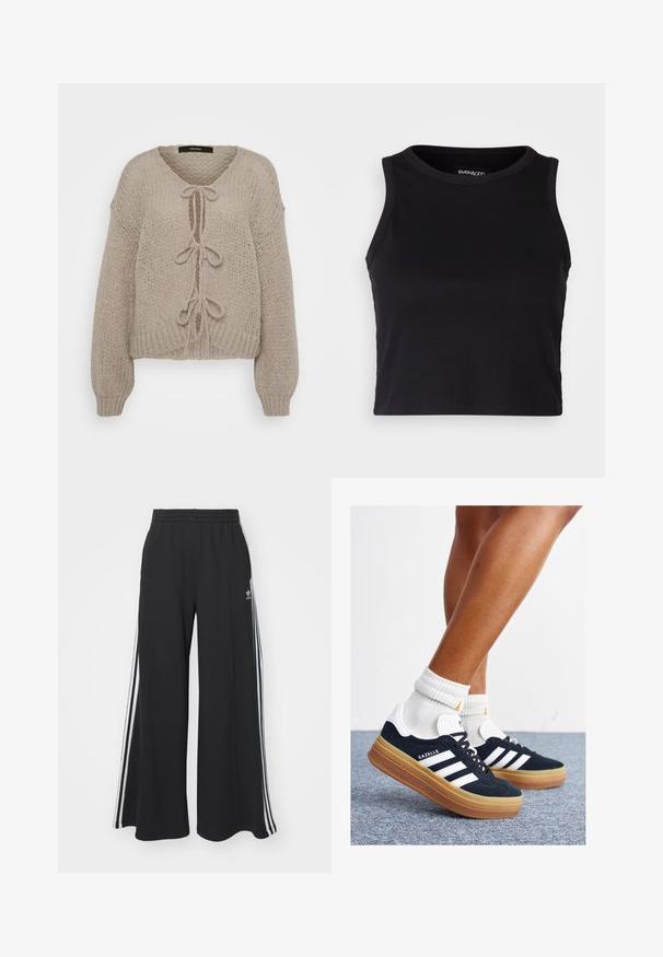 Cardigan bej tricotat cu decolteu în V, cu legături frontale, mâneci lungi și manșete cu nervuri. Textură moale și design confortabil.; Top scurt ribbed negru, cu decolteu rotund și fără mâneci. Fabricat dintr-un material moale și elastic, având margini finisate.; Pantaloni de trening negri cu croială largă, prevăzuți cu un brâu elastic, având dungi laterale albe și un logo brodat pe coapsa stângă.; Adidași negri din piele întoarsă cu dungi și accente albe, vârf rotund, talpă de cauciuc gumă, asortați cu șosete albe cu model nervurat.