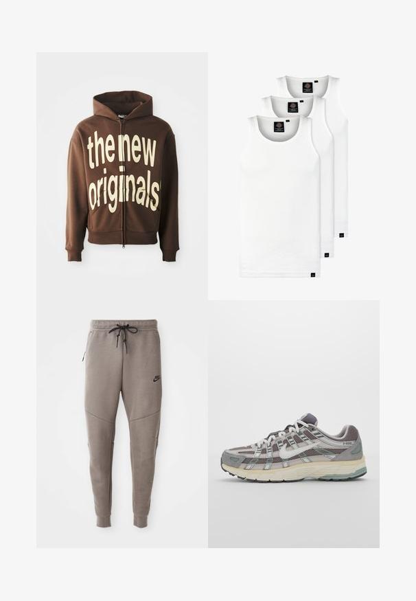 Hoodie castanho com zíper, apresentando um grande texto gráfico em creme "os novos originais" na frente, com capuz ajustável e bolsos laterais.; Três tops em algodão de alças brancas com nervuras. Apresentam um decote redondo e pequenas etiquetas pretas perto da bainha. Disponíveis em vários tamanhos.; Calças de treino cinzentas da Nike com um cós elástico ajustável, pernas ajustadas, bolsos laterais e pormenores de costura distintos. Tecido suave e texturizado.; Sapatilha atlética cinza com parte superior em malha e camurça, detalhes brancos, sola acolchoada e um design distinto com elementos refletivos.