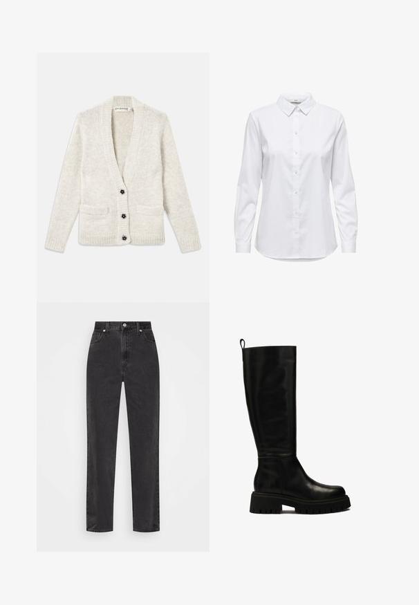 Grietos mezgimo kardiganas su ilgomis rankovėmis, dviem priekinių kišenėmis ir trimis juodais gėlių formos mygtukais priekyje.; Balta marškinėliai su ilgomis rankovėmis, struktūruota apykakle ir suapvalintu kraštu. Pagaminti iš lygios, vienspalvės medžiagos be matomų raštų ar akcentų.; Tiesios kojų juodos džinsinės kelnės su aukštu juosmeniu, priekyje esančia užtrauktuku ir mygtuku, bei penkių kišenių stiliumi ant balto fono.; Juodos odinės iki kelių botai su stilingu dizainu, apvalia nosimi ir storu guminio pado, kuris turi gilius griovelius, bei su kilimo juostele viršuje.