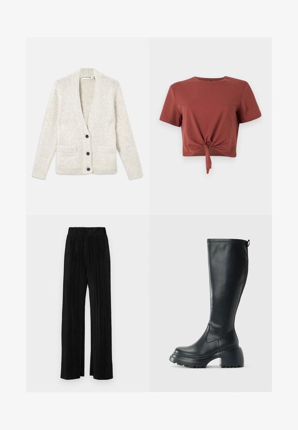 Krämfärgad stickad kofta med långa ärmar, två frontfickor och tre svarta blommformade knappar nedanför fram.; Rostfärgad kortärmad t-shirt i mjuk bomull med knuten detalj framtill. Slät textur, rund halsringning.; Svarta plisserade byxor med resårmidja. Har vida ben och ett mjukt, texturerat material med vertikala ränder.; Höga svarta läderstövlar med kraftig plattformssula och blockklack, med dragflik och strukturerat mönster på yttersulan.