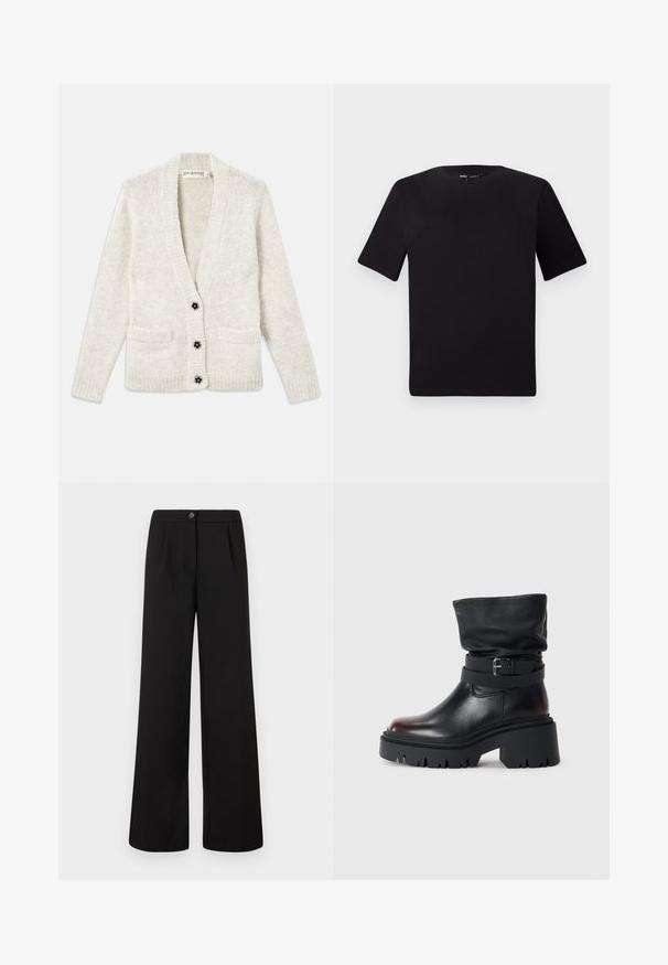 Kremfarget strikkekardigan med lange ermer, to framlommer, og tre svarte blomstformede knapper midt på fronten.; Svart t-skjorte med korte ermer og rund hals, laget av mykt bomullsstoff. Enkelt design, ingen synlige logoer eller mønstre.; Svarte høytlivde vide bukser med frontknapp og glidelåslukking, med subtile folder under midjen.; Svart lær ankelstøvel med en slapp overdel, spenne detaljer og tykk, robust såle. Har en rund tå og glatt tekstur.