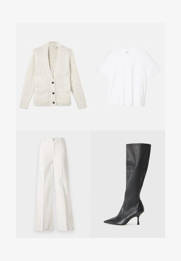 Κρεμ με πλεκτή ζακέτα με μακριά μανίκια, δύο μπροστινές τσέπες και τρία μαύρα κουμπιά σε σχήμα λουλουδιού κατά μήκος του κεντρικού μπροστινού μέρους.; Λευκό βαμβακερό μπλουζάκι με κοντά μανίκια, στρογγυλή λαιμόκοψή, χαλαρή εφαρμογή και ραμμένο στρίφωμα. Ετικέτα ορατή στο εσωτερικό του λαιμού.; Λευκά παντελόνια σε φαρδιά γραμμή, κατασκευασμένα από βαμβάκι με λεία υφή. Διαθέτουν μπροστινό κουμπί, φερμουάρ και τέσσερις τσέπες.; Μαύρες δερμάτινες μπότες μέχρι το γόνατο με μυτερή μύτη και λεπτό τακούνι στιλέτο. Λείος υφασμάτινος σχεδιασμός και ραφή στην άκρη του επάνω μέρους.
