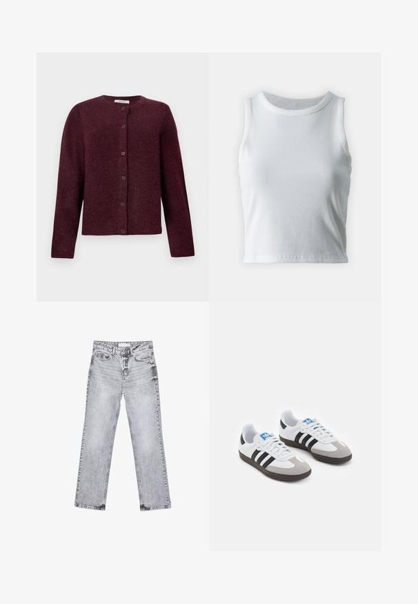 Bordeaux villatakki, joka on valmistettu pehmeästä kankaasta. Siinä on pitkät hihat, pyöreä kaula-aukko ja kuusi nappia edessä.; Valkoinen poimutettu hihaton toppi, jossa on pyöreä kaula-aukko, suora helma ja sileä, joustava materiaali.; Harmaat farkut suoran lahkeen leikkauksella, kulutettu yksityiskohtia, viisi taskua ja kuparinappi. Vyötärönauha sisältää logotagin.; Urheilukengät, joissa on valkoinen nahkainen päällinen, harmaa mokkanokka ja kolme mustaa raitaa. Ominaisuuksina sininen logo kielekkeessä ja kuvioitu kumipohja.