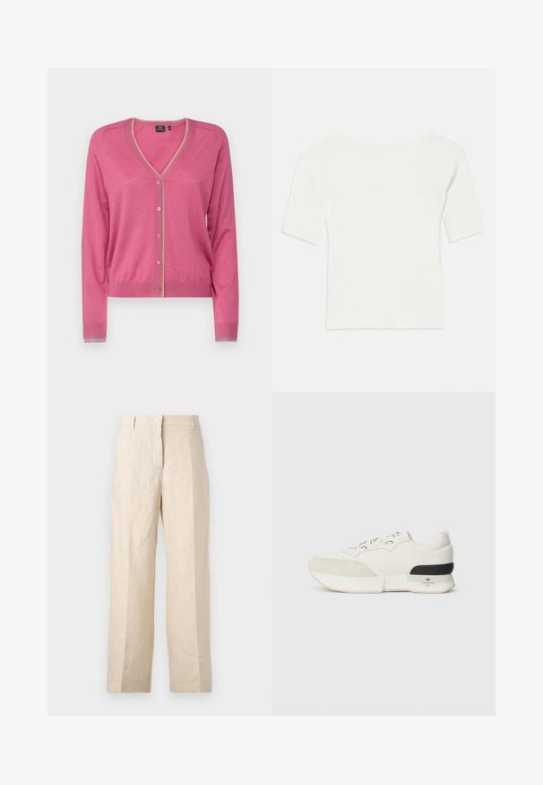 Cardigã rosa com decote em V, botões frontais e punhos canelados. Apresenta um acabamento em contraste ao longo do decote e da bainha inferior. Feito de material suave.; Top branco de malha com mangas curtas e decote largo. A textura apresenta riscas verticais, realçando um ajuste justo e um design simples.; Calças de linho bege com um corte solto, frente plissada e pernas retas. Apresentam uma cintura com passantes para cinto e sem bolsos visíveis.; Sneaker branco com biqueira em camurça texturizada, parte superior em malha lisa, atacadores decorativos e um detalhe na parte de trás em borracha preta.