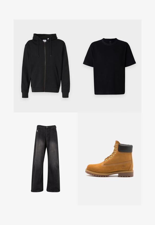 Felpa nera con zip, realizzata in morbido cotone, dotata di cappuccio con cordino, tasche frontali e polsini a costine. Dettaglio della zip dorata.; Maglietta nera in cotone con scollatura rotonda, maniche corte e taglio dritto. Presenta cuciture minime e una texture morbida e liscia.; Pantaloni in denim neri a gamba larga con una finitura sbiadita, dotati di chiusura con bottone, cinque tasche e una patch con il marchio sul lato sinistro anteriore.; Stivale alla caviglia in suede tan con collare imbottito nero, occhielli in metallo dorato, dettagli in cucitura bianca e suola in gomma robusta con battistrada pronunciato.