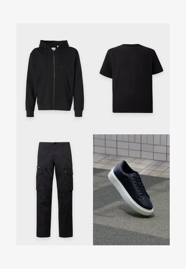 Crna zip-up majica od mekog pamuka, s kapuljačom na vezanje, prednjim džepovima i rebrastim manžetama. Zlatni detalj na patentnom zatvaraču.; Crna majica kratkih rukava od teksturiranog materijala, s okruglim izrezom i opuštenim krojem. Jednostavna, bez uzoraka ili naglasaka.; Crne cargo hlače s više džepova, zatvorenim džepom na bedru, ravnog kroja i čvrstog pamuka s blagim sjajem.; Crne kožne tenisice s zaobljenim vrhom i bijelim gumiranim potplatom. Imaju ravne vezice i minimalno šivanje na gornjem dijelu. Teksturirani potplat za bolje prianjanje.