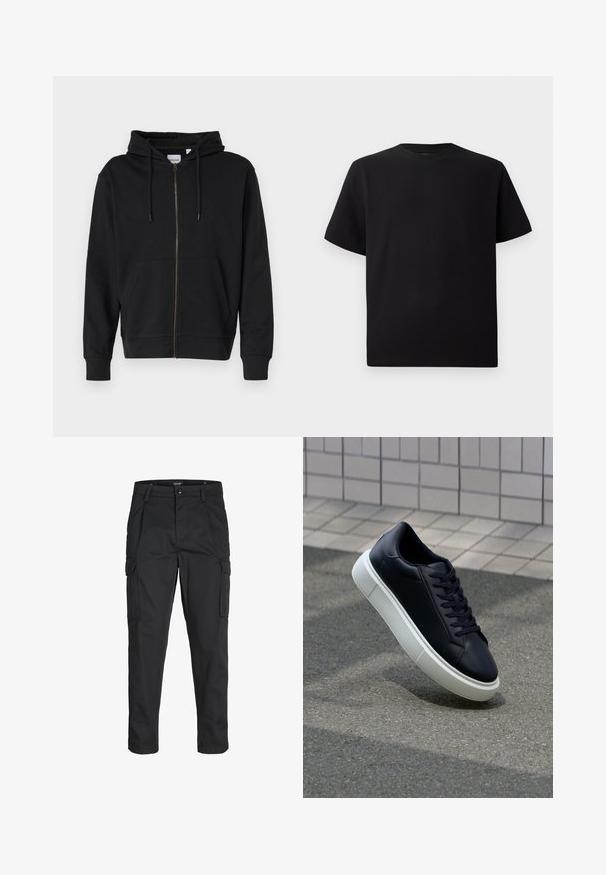 Sudadera negra con cremallera hecha de algodón suave, con capucha ajustable, bolsillos frontales y puños acanalados. Detalle de cremallera dorada.; Camiseta negra de manga corta hecha de tejido texturizado, con un cuello redondo y un corte relajado. Sencilla, sin patrones ni acentos.; Pantalones cargo negros hechos de tela resistente, que cuentan con múltiples bolsillos, un cierre de botón y un diseño de corte slim con piernas ajustadas.; Zapatilla de cuero negro con punta redonda y suela de goma blanca. Presenta cordones planos y un mínimo de costuras en la parte superior. Suela texturizada para proporcionar agarre.