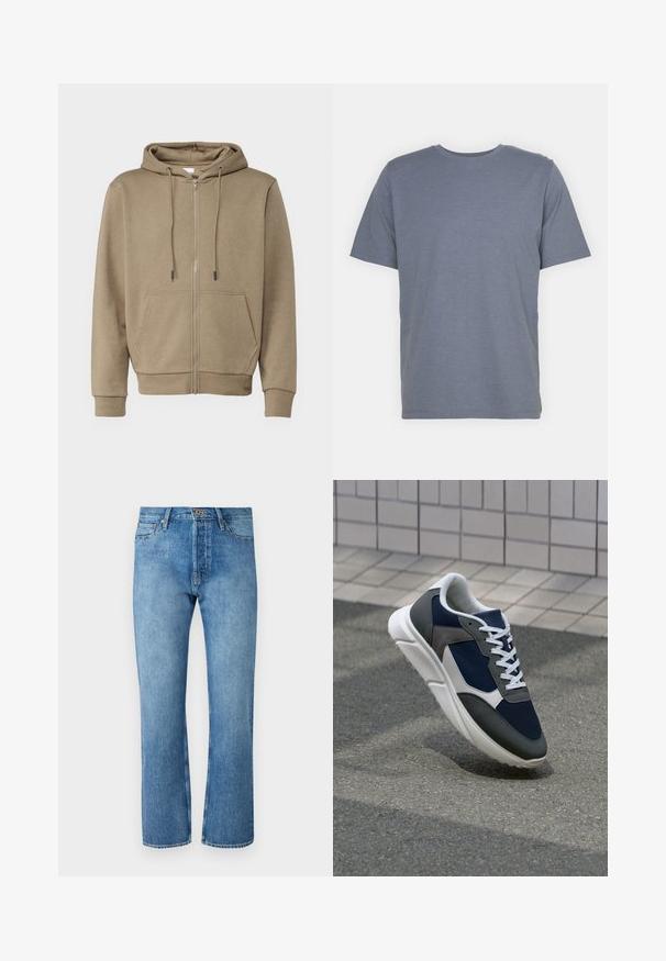 Saco com fecho éclair de cor bege, feito de tecido macio, com capuz, dois bolsos frontais e punhos canelados nas mangas e na bainha.; T-shirt cinza de manga curta com gola redonda, feita de um tecido suave em mistura de algodão. Design simples, sem padrões ou detalhes.; Jeans de ganga azul claro com um corte de perna reta, apresentando um design clássico de cinco bolsos, fecho de botão e costura em contraste.; Sapatilha com parte superior em malha azul-marinho, detalhes em camurça cinza, sola de borracha branca e atacadores brancos planos, projetada para conforto e respirabilidade.