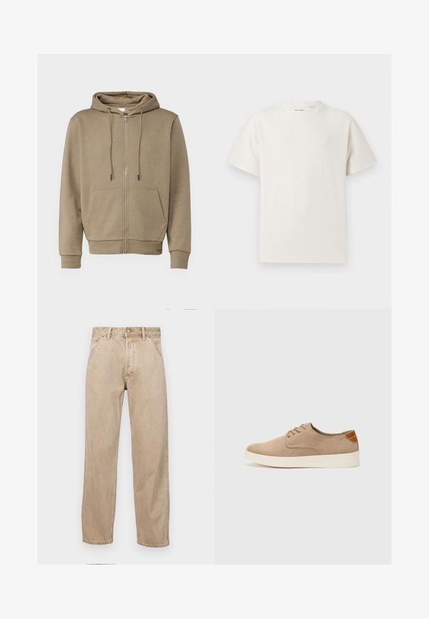 Tan-värinen vetoketjuhuppari, joka on valmistettu pehmeästä kankaasta. Hupparissa on huppu, kaksi etutaskua ja resorit hihoissa sekä helmassa.; Valkoinen lyhythihainen T-paita ribbikuviossa. Pyöreä kaula-aukko, rento istuvuus, ei näkyviä kuvioita tai yksityiskohtia. Yksinkertainen ja monikäyttöinen muotoilu.; Beige farkkuhousut suoranlahkeisella muotoilulla, joissa on etutaskut, metallinen nappisulku ja hillitty rakenne.; Beige nubuck-lenkkarit, joissa on pyöreä kärki, nauhakiinnitys ja teksturoitu takaosa. Valkoinen kumipohja tuo kontrastia. Yksinkertainen ja moderni muotoilu.