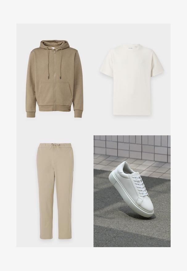 Tan zip-up hoodie made from soft fabric, featuring a hood, two front pockets, and ribbed cuffs at the sleeves and hem.; White short-sleeve T-shirt in a ribbed texture. Round neckline, relaxed fit, no visible patterns or accents. Simple and versatile design.; Beige lounge pants with an elastic waistband and drawstring, featuring a straight leg design and soft, smooth texture.; White leather sneaker with a smooth surface, round toe, and flat white laces. Features a textured rubber sole and minimal design elements.