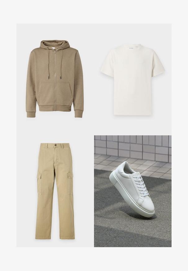 Sudadera con cremallera de color marrón claro hecha de una tela suave, que cuenta con una capucha, dos bolsillos frontales y puños acanalados en las mangas y el dobladillo.; Camiseta blanca de manga corta en textura acanalada. Cuello redondo, corte relajado, sin patrones ni acentos visibles. Diseño simple y versátil.; Pantalones cargo beige de algodón, con dos bolsillos laterales, cierre de botón y perneras rectas con una tela ligeramente texturizada.; Zapatilla de cuero blanca con una superficie lisa, punta redonda y cordones blancos planos. Presenta una suela de goma texturizada y elementos de diseño mínimos.