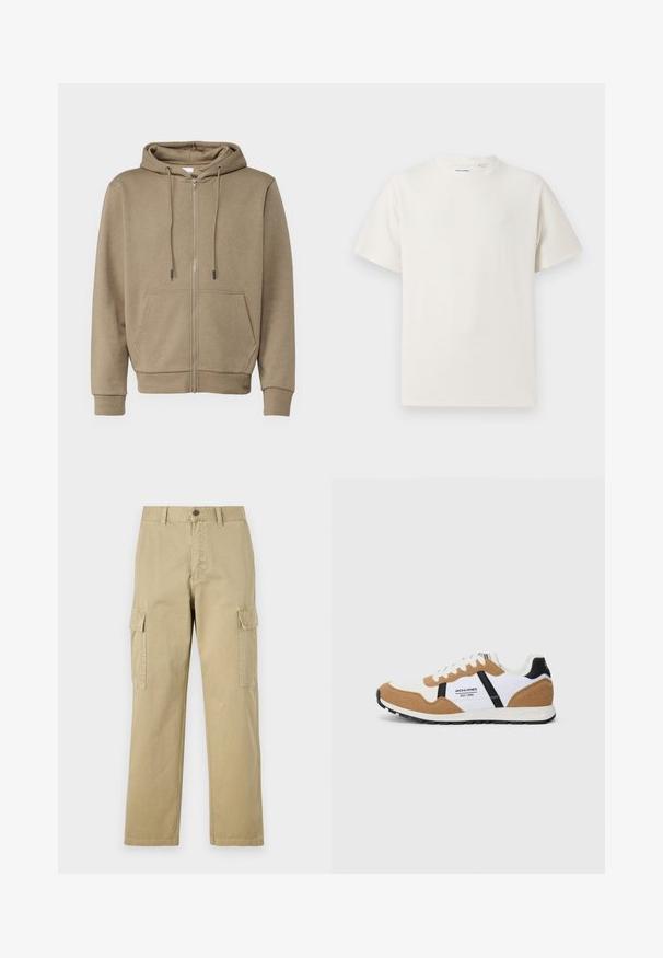 Barna cipzáros kapucnis pulóver, puha anyagból készült, kapucnival, két elülső zsebbel és bordás mandzsettával a ujjak és az alsó szegély mentén.; Fehér, rövid ujjú póló bordázott textúrával. Kerek nyakkivágás, laza szabás, nincs látható minta vagy díszítés. Egyszerű és sokoldalú dizájn.; Beige vászon cargo nadrág, két oldalsó zsebbel, gombos záródással, egyenes lábakkal és enyhén texturált anyagból készült.; Retro stílusú sportcipő fehér, bézs velúrral, fekete akcentussal, fehér fűzőkkel és a "Jack & Jones EST. 1990" logóval az oldalon.