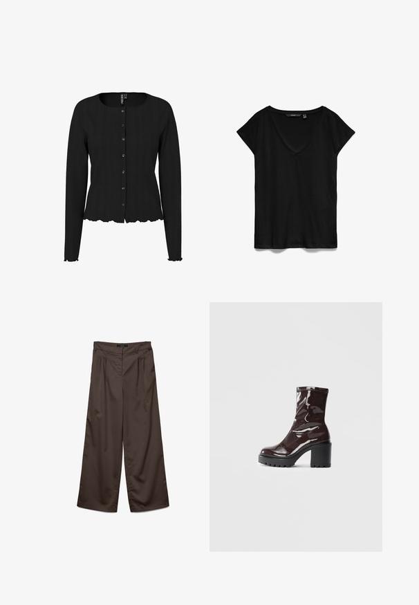 Melna garā piedurknēm kardigāna ar ribotu tekstūru, noapaļotu kakla apkakli un viļņotu apakšmalu. Iekļauj pogu aizdari un smalkus dekoratīvus elementus.; Melnas īsām piedurknēm T-krekls ar V-veida dekoltē, izgatavots no mīkstas auduma, ar brīvu piegriezumu un gludu, nedaudz matētu tekstūru.; Plati kāju bikses tumši brūnā audumā ar gludu tekstūru. Iezīmes ietver frontā esošas krokas un standarta jostasvietu.; Spīdīgas bordo potīšu botītes ar masīlu melnu papēdi, kurām ir gluda tekstūra un vienkāršs dizains. Nav redzamu aizdari vai rakstu.