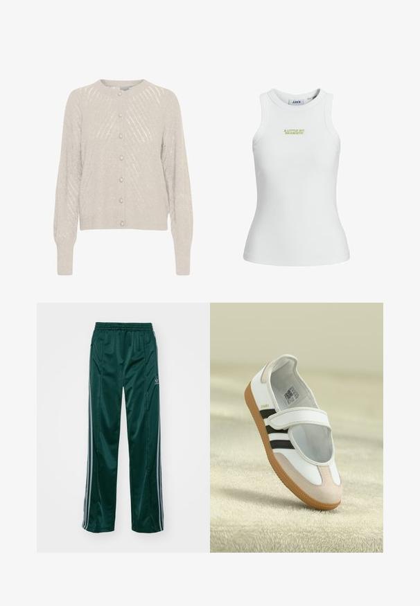 Svetlo bež kardigan z teksturiranim pletenim vzorcem, z zaobljenim izrezom in bisernimi gumbi spredaj. Dolgi, rahlo napihnjeni rokavi.; Bela rebrasta majica na naramenice s prilagojenim krojem, na prednjem delu ima zeleni vezeni napis "A LITTLE BIT DRAMATIC".; Temnozelene športne hlače iz svetlečega materiala, ki imajo stranske črte v svetlo sivi barvi in izšitega logotipa na levem hlačnem nogavu.; Bela obuvala s roza nubuk prstom, črnimi črtami in ježkom. Ima rjavo gumijasto podplat in logo ob strani.