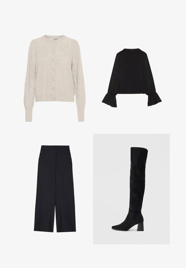 Cárdigan beige claro con un patrón de punto texturizado, que presenta un escote redondeado y botones de perla en la parte delantera. Mangas largas y ligeramente abullonadas.; Top negro de manga larga con puños acampanados, textura suave y un ajuste relajado, con un sencillo cuello redondo.; Pantalones de pierna ancha en tejido azul marino oscuro, con una textura suave, pliegues delanteros y ojales decorativos en tono dorado en los bolsillos laterales.; Bota de ante negra hasta la rodilla con tacón cuadrado, puntera afilada y diseño liso y sin costuras sobre un fondo claro.