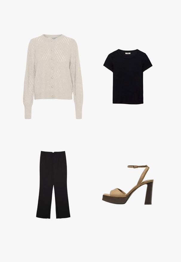 Svetlobežový kardigán s textúrovaným pleteným vzorom, s okrúhlym výstrihom a perlovými gombíkmi po celej prednej strane. Dlhé, mierne puffové rukávy.; Čierne tričko s krátkym rukávom vyrobené z jemného materiálu. Má klasický okrúhly výstrih a voľný strih. Bez vzorov alebo akcentov.; Čierne nohavice so strihom rovného strihu, s prednými vreckami a bočnými rozparkami na leme. Vyrobené z mäkkej, hladkej tkaniny. Vhodné na rôzne príležitosti.; Bežové semišové sandále na vysokom opätku s širokým predným pásom a pásikom okolo členka, ktoré majú masívny drevený blokový opätok s textúrovaným povrchom.