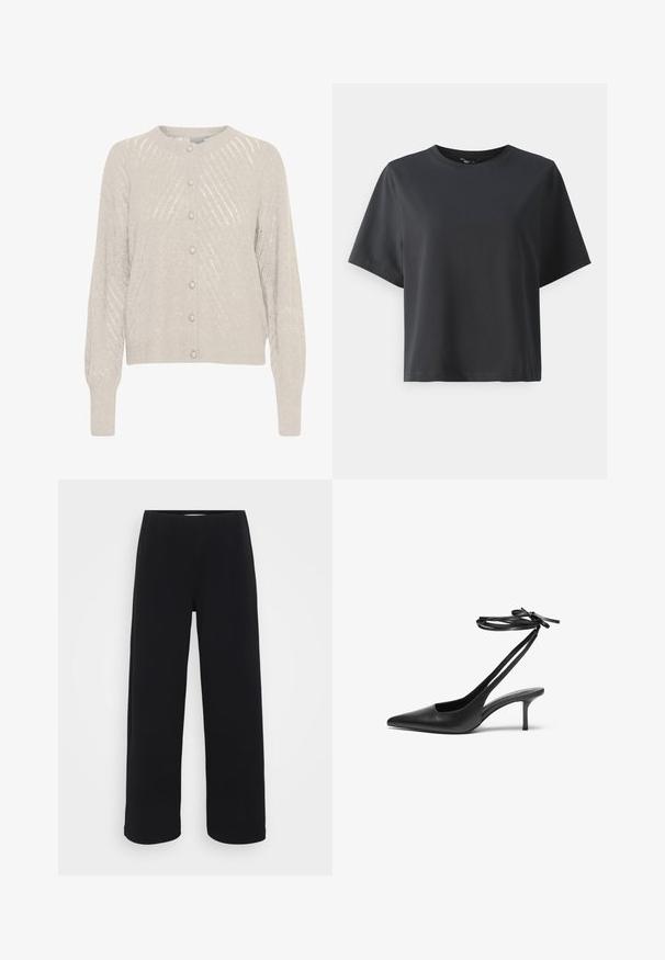 Svijetlo bež kardigan s teksturiranim pletenim uzorkom, koji ima okrugli izrez i biserne gumbe sprijeda. Dugi, blago napuhani rukavi.; Crna pamučna majica, kratki rukavi, okrugli izrez, opušteni kroj, glatka tekstura, jednostavan dizajn, bez uzoraka ili naglasaka.; Crne široke hlače s elastičnim pojasom. Napravljene od teksturiranog materijala, s prostranim krojem i ravnim rezom od bokova do donjeg ruba.; Crne kožne štikle s šiljastim vrhom, otvorenim leđima i remenčićima koji su vezani u mašnu. Tanak potplat visine 7,5 cm. Glatka tekstura, minimalistički dizajn.