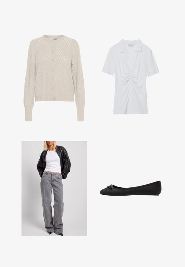 Cárdigan beige claro con un patrón de punto texturizado, que presenta un escote redondeado y botones de perla en la parte delantera. Mangas largas y ligeramente abullonadas.; Blusa blanca de manga corta con collar, con un detalle de nudo retorcido en la parte delantera y una tapeta de botones. Textura ribeteada lisa.; Chaqueta bomber de cuero negro, top de tirantes blanco con canalé y jeans de mezclilla gris de tiro alto con un corte holgado, costuras sutiles y bolsillos acentuados.; Bailarinas de ante negro con puntera redondeada, que presentan un lazo decorativo en la parte delantera y un diseño de suela plana. Textura suave y forma clásica.