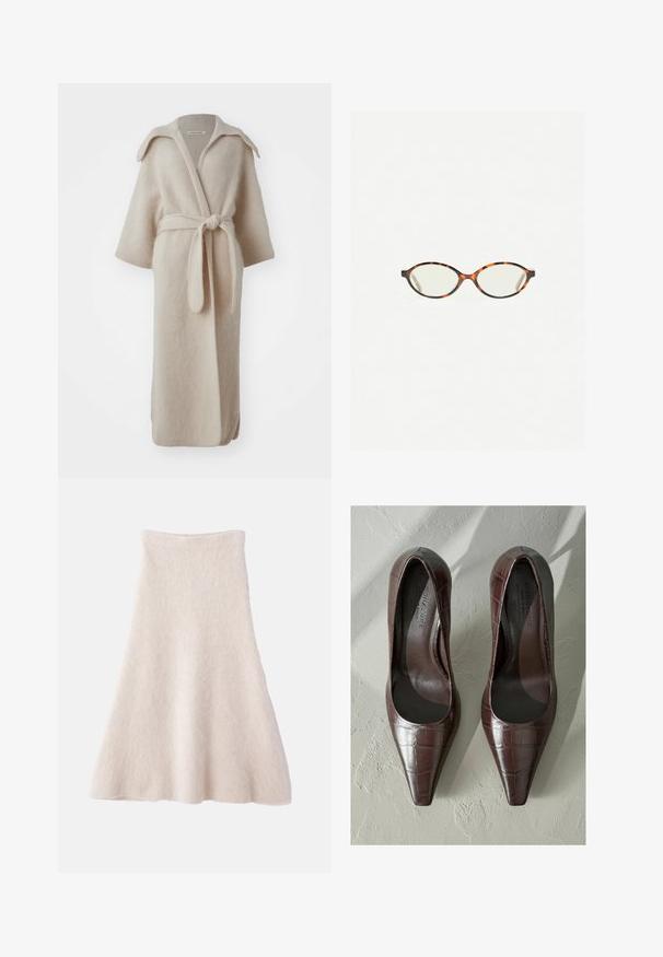 By Malene Birger MIRANO - Kardigan - oyster gray; Hnědé tričko s krátkým rukávem a kulatým výstřihem, jednoduchý design s žebrovaným límcem, označeno značkou Massimo Dutti na límci.; Světlé béžové sukně ve tvaru A vyrobená z měkké, texturované látky, má hladký pas a splývavou siluetu.; Hnědé lakované lodičky s špičatou špičkou, se strukturou krokodýlí kůže a hladkým interiérem. Navrženo pro elegantní vzhled.; Želvovinové brýle s oválnými čočkami a hladkým, jemným povrchem. Má tenké bočnice s jemným zakřivením v chrámcích. Čiré čočky.
