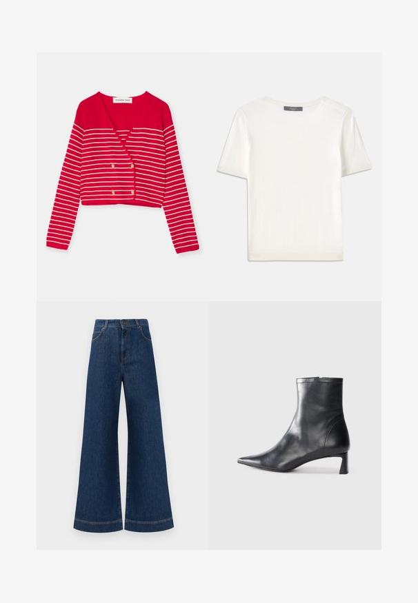 Rød cropped cardigan med hvide vandrette striber, med V-udskæring og dobbeltknappede guldknapper. Lavet af tekstureret strikket materiale.; Hvid kortærmet strikbluse med rund halsudskæring, der har en glat tekstur og subtile ribbede detaljer ved ærmerne og kanten.; Bredde ben blå denim jeans med høj talje, der har knaplukning, bæltestropper og diskrete syninger langs lommerne og kanterne.; Sort læder ankelstøvle med spids tå og et strømlinet design. Har en lav hæl og en lynlås lukning bagpå. Glat tekstur.