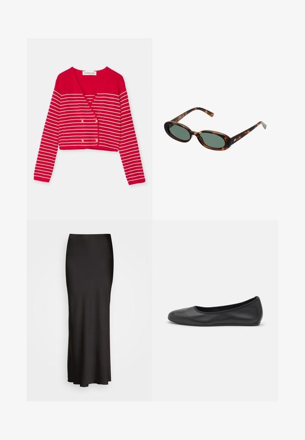 Röd kort cardigan med vita horisontella ränder, med V-ringning och dubbelknäppta guldknappar. Tillverkad av strukturerat stickat material.; Svart ribbad linne med rund halsringning och broderad logotyp i vitt. Tyg med en mjuk textur och en åtsittande passform.; Svart, golvlång satinkjol med en slät textur, figurnära midja och A-linjeformad silhuett, utan synliga dekorationer eller mönster.; Svart läderballerinaskor med rund tå, slät yta, minimala söm detaljer och en flexibel sula.; Sköldpaddsmönstrade solglasögon med ovala bågar och gröna linser. Har tunna skalmar med en metallisk detalj vid gångjärnen.; Svart handväska i texturerat läder med rundad form. Har en tunn axelrem och dekorativa präglade mönster.; Silverfärgade metallörhängen med en vågig, skulptural design som har en polerad yta och oregelbundna former, vilket framhäver en samtida estetik.