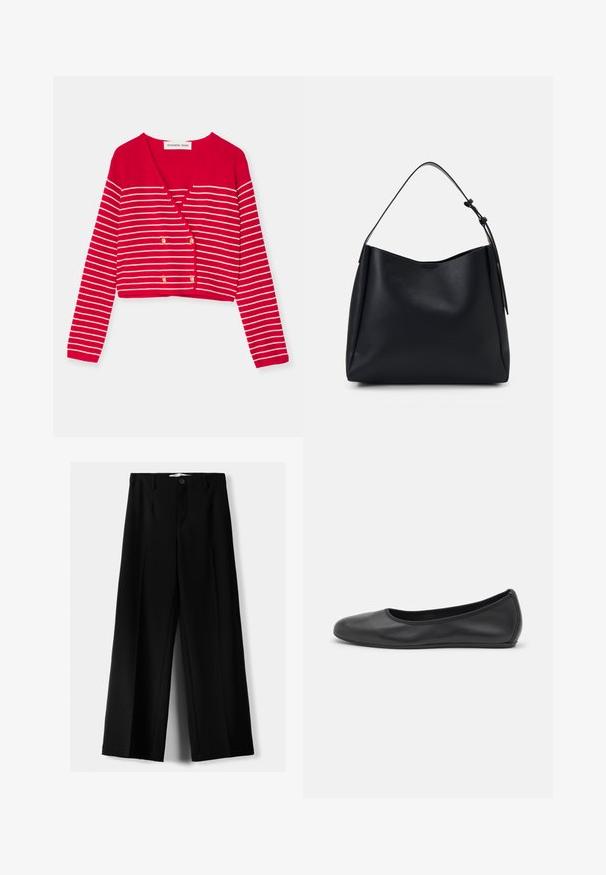 Rode cropped cardigan met witte horizontale strepen, met een V-hals en dubbele gouden knopen. Gemaakt van een gestructureerd brei-materiaal.; Twee mouwloze ribgebreide coltruien in zwart en wit, met een slim fit ontwerp en een gladde textuur, met een cropped lengte.; Zwarte wijde broek van lichtgewicht stof, met een knoopsluiting aan de voorkant en een vlakke achterkant, afgewerkt met keurig gestikte zoom.; Zwarte leren ballerina met een ronde neus, gladde textuur, minimale stikdetails en een flexibele zoolontwerp.; Zwarte leren hobo tas met een enkele schouderriem, gladde textuur, taps toelopende bovenkant en minimalistisch ontwerp zonder zichtbare hardware.