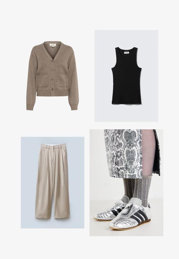 Cardigan marrone realizzato in tessuto morbido, con scollatura a V, chiusura con bottoni, due tasche frontali e polsini e orlo a coste.; Canotta nera in cotone con scollatura arrotondata, spalline larghe e silhouette aderente. Presenta il marchio in bianco.; Pantaloni beige a gamba larga con finitura texture, dotati di due tasche laterali, pieghe frontali e una cintura per una vestibilità sicura.; Scarpe da calcio argentate con strisce nere e un design elegante, abbinate a calze a coste grigie e dorate con texture e una gonna con motivo.