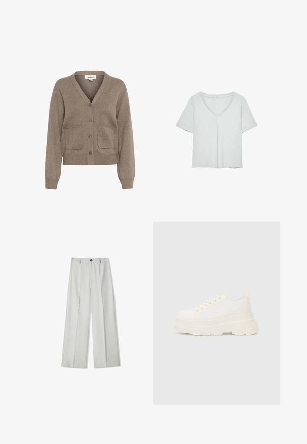 Brauner Cardigan aus weichem Stoff mit V-Ausschnitt, Knopfverschluss, zwei frontalen Taschen sowie gerippten Bündchen und Saum.; Hellgraues T-Shirt mit kurzen Ärmeln und V-Ausschnitt, aus weichem Material gefertigt; verfügt über eine lockere Passform und saubere Nähte ohne Muster.; Helle graue weit geschnittene Hose aus einem strukturierten Stoff, mit einem Knopfverschluss und zwei Falten vorne für zusätzlichen Detail.; Weiße Leinensneaker mit einer massiven Sohle, abgerundeter Spitze und fünf Ösen für Schnürsenkel. Hinterer Tab für ein einfaches Anziehen. Glatte Textur, minimalistisches Design.