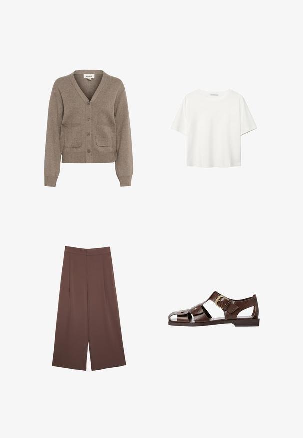 Hnědý cardigan vyrobený z měkké tkaniny, se V-výstřihem, zapínáním na knoflíky, dvěma předními kapsami a žebrovanými manžetami a spodním lemem.; Bílý krátký rukáv tričko vyrobené z bavlny. Má kulatý výstřih a volný střih. Hladký materiál bez viditelných vzorů nebo akcentů.; Hnědé široké kalhoty s hladkou texturou, vysokým pasem a předními záhyby. Materiál je lehký a volně splývá.; Hnědé kožené sandály s výřezovým designem, nastavitelnou boční sponou a plochou podrážkou, s kovovými detaily a otevřenou špičkou.