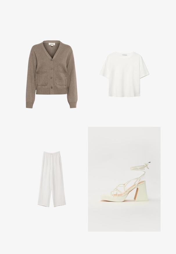Cardigan marrone realizzato in tessuto morbido, con scollatura a V, chiusura con bottoni, due tasche frontali e polsini e orlo a coste.; T-shirt bianco a maniche corte realizzato in cotone. Presenta un collo tondo e una vestibilità rilassata. Texture liscia senza motivi o dettagli visibili.; Pantaloni a gamba larga bianchi realizzati in un tessuto leggero. Presentano una vita elastica con cordoncino e tasche laterali. Texture liscia.; Sandalo bianco con tacco alto, caratterizzato da un design a cinturini e un legaccio alla caviglia. Texture liscia con una piattaforma frontale per un'altezza aggiuntiva.