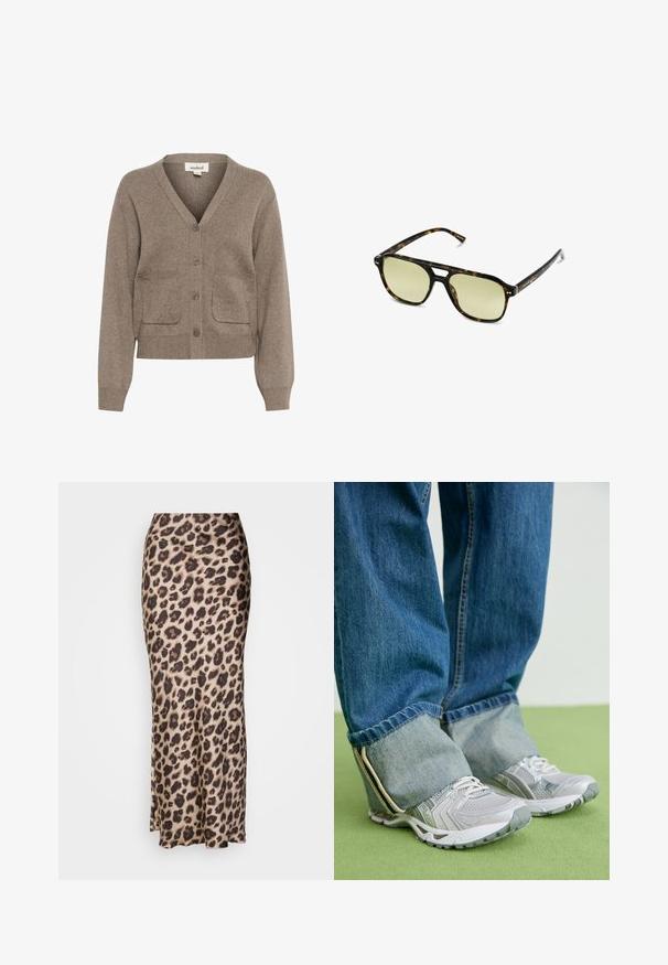 Brązowy kardigan wykonany z miękkiego materiału, z dekoltem w kształcie V, zapięciem na guziki, dwiema przednimi kieszeniami oraz prążkowanymi mankietami i dołem.; Ciemnobrązowa koszulka z krótkim rękawem, wykonana z gładkiego, elastycznego materiału, z klasycznym okrągłym dekoltem i schludnymi szwami.; Spódnica midi w cętki z gładkiego satynowego materiału. Posiada dopasowany krój z delikatnym rozcięciem na dole, co umożliwia swobodne poruszanie się. W neutralnych odcieniach beżu i brązu.; Szare sportowe buty z siateczkowego materiału i białymi akcentami, zestawione z niebieskimi dżinsami, które są podwinięte na kostkach.; Słoneczne okulary w kratkę w kształcie prostokąta, z soczewkami w zielonym odcieniu i wzorzystymi ramkami z acetatu. Posiadają metalowe akcenty w pobliżu soczewek.; Brązowa torba na ramię z szerokim, zaokrąglonym kształtem i dużym wyciętym uchwytem. Miękka tekstura, minimalistyczny design i brak widocznych elementów metalowych.