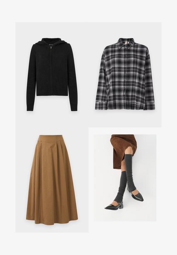 Juodas su užtrauktuku užsegamas džemperis su tekstūruotu mezgimo raštu, gobtuvu bei ribuotais rankogaliais ir apačia. Turi modernią, prigludusią siluetą.; Juodos ir pilkos langeliais marškiniai su apykakle, ilgomis rankovėmis ir laisva danga. Audinys atrodo minkštas su lengva tekstūra.; Ruda medvilninė A formos sijonas su aukštu liemeniu, puikuojantis klostėmis priekyje ir lygia tekstūra. Apdailos kraštai yra švarūs ir paprasti.; Juodi lakuoti odiniai batai su aštriu kuma ir bloko kulnu, derinami su pilkais riebiais kojų šildytuvais ir rudais zomšiniais sijonais.