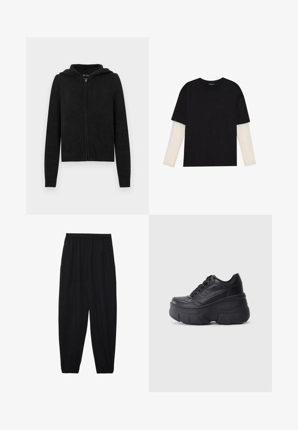 Fekete cipzáras kapucnis pulóver texturált kötött mintával, kapucnival, bordázott mandzsettákkal és szegéllyel. Modern, testhezálló sziluettel rendelkezik.; Fekete pamut póló, rövid ujjal, fehér hosszú ujjú réteg fölött, finom textúrával. Kerek nyakkivágású dizájn.; Fekete, könnyű nadrág elasztikus derékkal és ráncolt bokákkal. Az anyag sima és laza, szűkített dizájnnal rendelkezik.; Fekete fűzős sportcipők vastag talppal, sima bőrből készült felső résszel, kerek orral és jellegzetes, réteges platform dizájnnal.