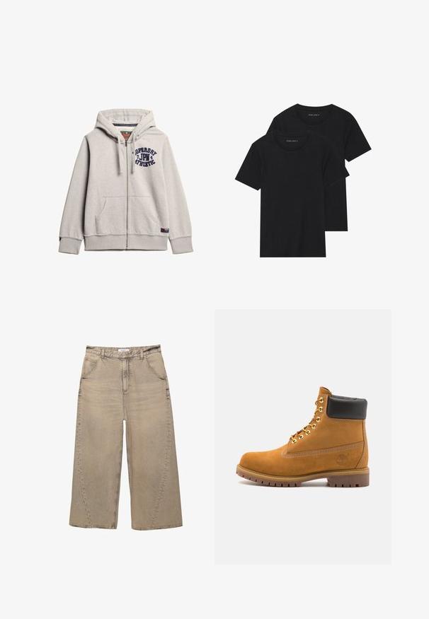 Grijze hoodie met rits, gemaakt van een katoenmix. Bevat een zak aan de voorkant, een capuchon met trekkoord en een marineblauw logo gedrukt op de borst. Geribbelde manchetten en onderrand.; Twee zwarte katoenen t-shirts met korte mouwen, ronde halslijnen en een gladde textuur, gepresenteerd op elkaar gestapeld.; PULL&BEAR MEGA BAGGY - Baggy jeans - light grey; Tan suède enkelboot met zwart gevoerd kraagje, gouden metalen oogjes, witte stikdetails en een robuuste rubberen zool met uitgesproken profiel.