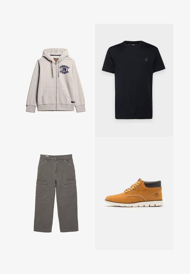 Felpa grigia con zip realizzata in misto cotone. Presenta una tasca frontale, cappuccio con coulisse e logo blu stampato sul petto. Polsini e orlo a coste.; T-shirt in cotone nero con collo a giro, maniche corte e un piccolo logo ricamato sul petto. Texture liscia, vestibilità classica.; Pantaloni cargo in un grigio tenue, in tessuto di cotone, con due tasche laterali e due grandi tasche cargo frontali, dal design a gamba dritta.; Stivaletti alla caviglia in suede marrone con collo imbottito, caratterizzati da occhielli e lacci dorati, cuciture a contrasto e suola in gomma bianca.