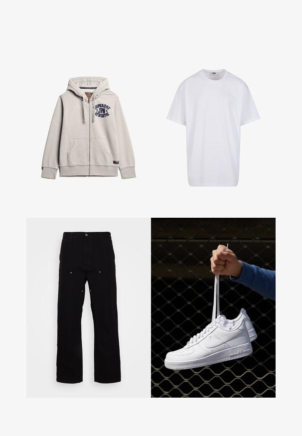 Felpa grigia con zip realizzata in misto cotone. Presenta una tasca frontale, cappuccio con coulisse e logo blu stampato sul petto. Polsini e orlo a coste.; Maglietta bianca in cotone con maniche corte, scollatura rotonda, vestibilità comoda e senza loghi o motivi visibili. Texture liscia e design minimale.; Pantaloni in denim nero con design a gamba dritta, dotati di accenti hardware dorati e cuciture visibili sulle tasche anteriori e posteriori.; Sneakers in pelle bianca con perforazioni, punta rotonda, suola piatta e lacci spessi, con logo swoosh visibile e "AIR" sul tallone.