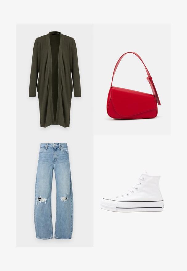 Oliivroheline avatud kardigan pikkade varrukatega, valmistatud pehmest ja kergekaalulisest kangast, kus ees on rippuv osa ning ilma kinnitusteta.; Musthave musta t-särk, millel on karu graafika ja tekst "EI NII NÄDALA, KUID MÄRG" paksult valgete tähtedega. Puuvillane materjal.; Heledad hallideega sinised teksad, millel on kõrge talje. Teksade jalgadel on lai alus, kaks rebitud kohta põlvede ümber ning klassikaline viie tasku stiil.; Valge kõrgem kangast tenniseking, millel on must kummist tald, ees kummist varvasetugi ja kuus aukku paelte jaoks, pakkudes puhta ja minimalistliku disaini.; Punane nahast käekott, millel on nurkadega geomeetriline disain. Omab ühte reguleeritavat rihma ja klappidega sulgemist, millel on õmblustega kaunistused.