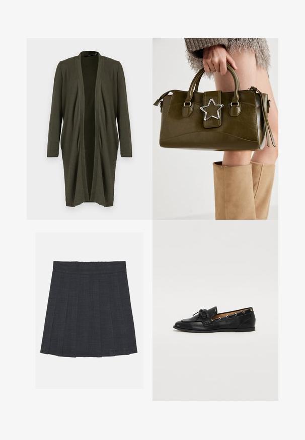 Olíva zöld, nyitott kardigán hosszú ujjal, puha, könnyű anyagból készült, redőzött elülső résszel és rögzítések nélküli kialakítással.; Szürke pamut póló, klasszikus kerek nyakú, rövid ujjú és sima textúrájú, alkalmi viseletre ideális.; Sötétszürke pliszírozott szoknya rugalmas derékkal, texturált anyagból, klasszikus A-vonalú sziluettel. Alkalmas mindennapi viseletre.; Fekete bőr lófarok cipők, megkötött masnival, arany szemcsés díszítéssel az oldalán és lapos gumitalppal. Simaság, klasszikus dizájn.; Olívazöld műbőr kézitáska ezüst csillag díszítéssel, dupla fogantyúval és cipzáros zárással. Texturált felület és formázott alak.