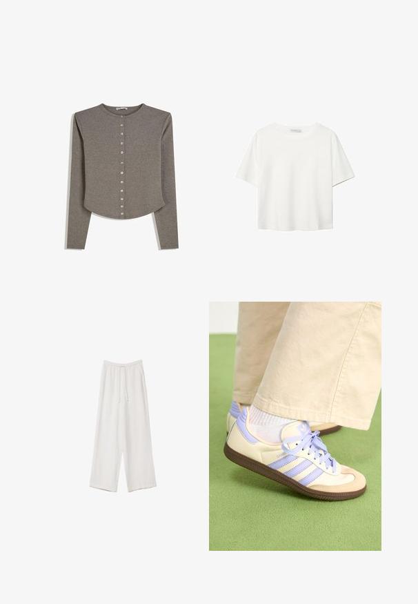Grå långärmad kofta i mjukt material, med rund halsringning, knappstängning fram och en lätt böjd nederdel.; Vit t-shirt med kort ärm i bomull. Har en rundad halsringning och en avslappnad passform. Slät textur utan synliga mönster eller detaljer.; Vita vida byxor i vid passform gjorda av ett lättviktsmaterial. Har en elastisk midja med dragsko och sidofickor. Slät textur.; Krämfärgade och lavendelfärgade sneakers med tre ränder och en texturerad brun sula, med snören och en vadderad häl. Mjuk tygobero.