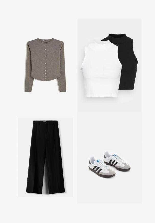 Gray long-sleeve cardigan made of soft fabric, featuring a round neckline, button-down front, and a slightly curved hem.; Two sleeveless ribbed turtleneck tops in black and white, featuring a fitted design and smooth texture, with cropped length.; Black wide-leg trousers made of lightweight fabric, featuring a front button closure and flat front, with neatly stitched hems.; Sport shoes with a white leather upper, gray suede toe, and three black stripes. Features a blue logo on the tongue and a textured rubber sole.